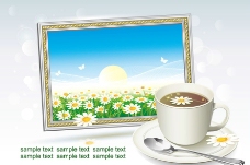 咖啡杯一杯咖啡和相框内的春天风景图片