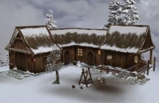 背景飘雪得木屋3d模型图片