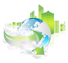 绿色动感箭头地球齿轮 城市建筑图片